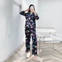 Long Sleeve Butterfly Print Satin Silk Designer Pajamas Set